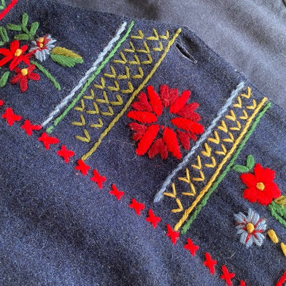 Vintage Embroidered Folk Art Vest Navy Blue Wool Button Up Vest - Picture 11 of 14